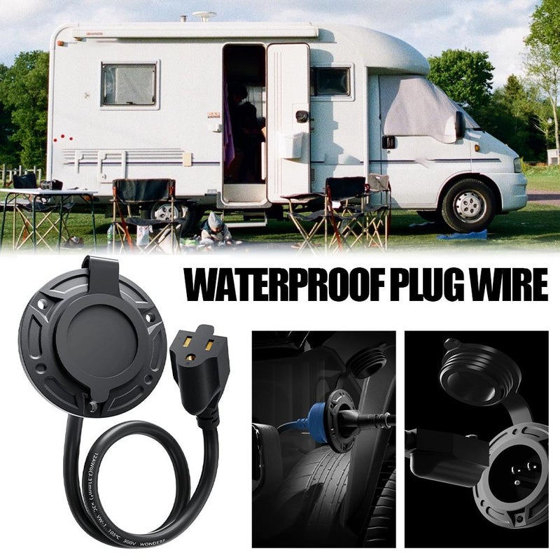 15A 125V AC Port Plug, RV Shore Power Inlet Charger Plug,12AWG Heavy-Duty RV Waterproof Shore Power Inlet Socket with 16" Extension Cord & Integrated Receptacle Box for RVs Trailers Boats (Black) - Image 2